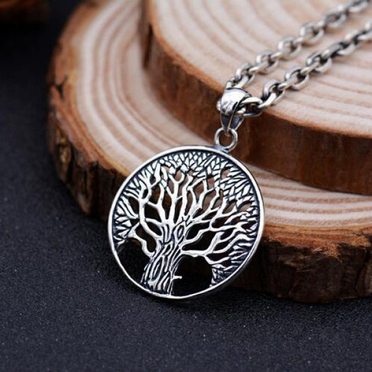 Men's Sterling Silver Tree of Life Pendant Necklace with Sterling Silver Anchor Link Chain
