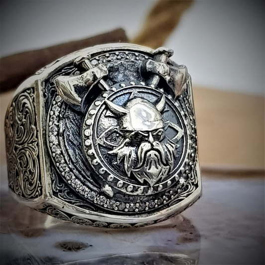 Viking 925 Sterling Silver Thor Hammer Double Axe Ring