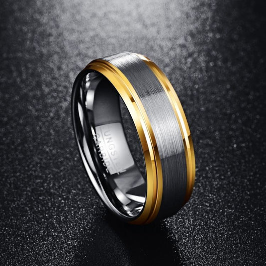 8MM Classic Gold Edge Brushed Silver Tungsten Men's Ring