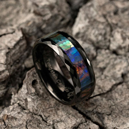 8MM Abalone Shell & Polished Black Faceted Tungsten Carbide Men's Ring