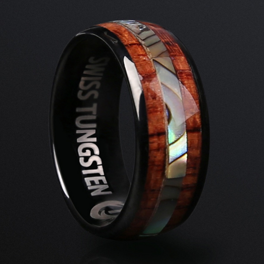 LIMITED EDITION 8MM Black Onyx Tungsten Carbide Abalone and Koa Wood Men's Ring