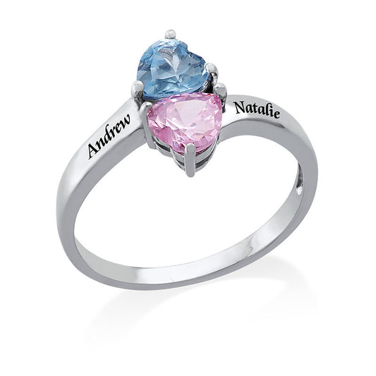 Personalized Silver Ring with Heart-shaped Birthstones